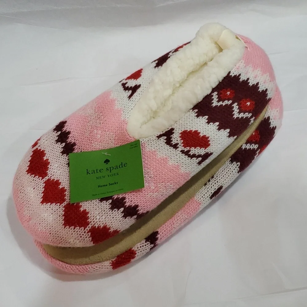 Kate Spade pink red argyle look shearling lined footlet house home socks‎ new OS